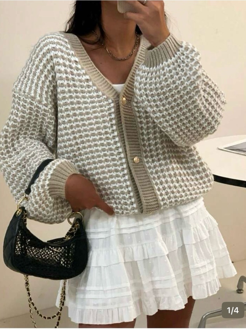 Plaid Print Button Khaki Sweater